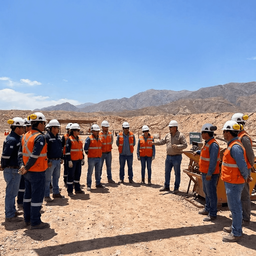 Group of miners under a banner reading CAPACITACIÓN MINERA - NORTE ARGENTINO during a training session.