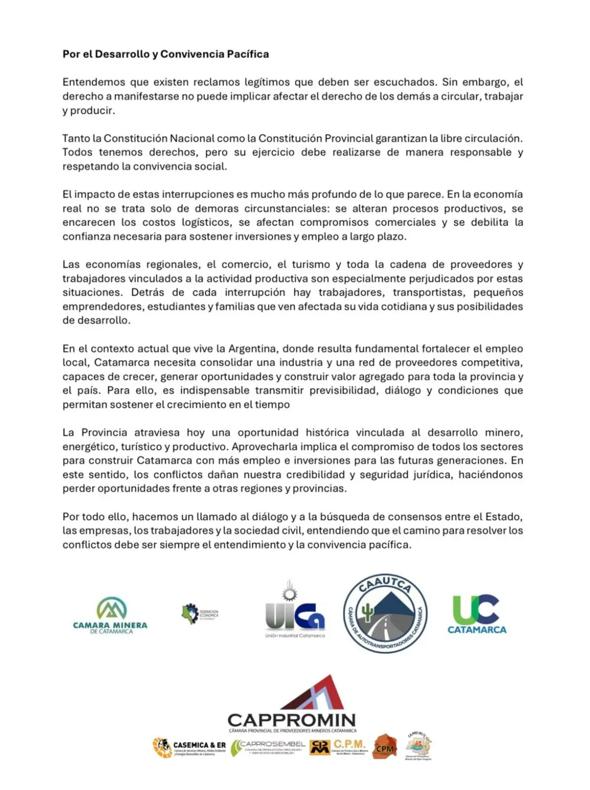 Catamarca: organizaciones mineras piden «convivencia pacífica» para preservar la producción